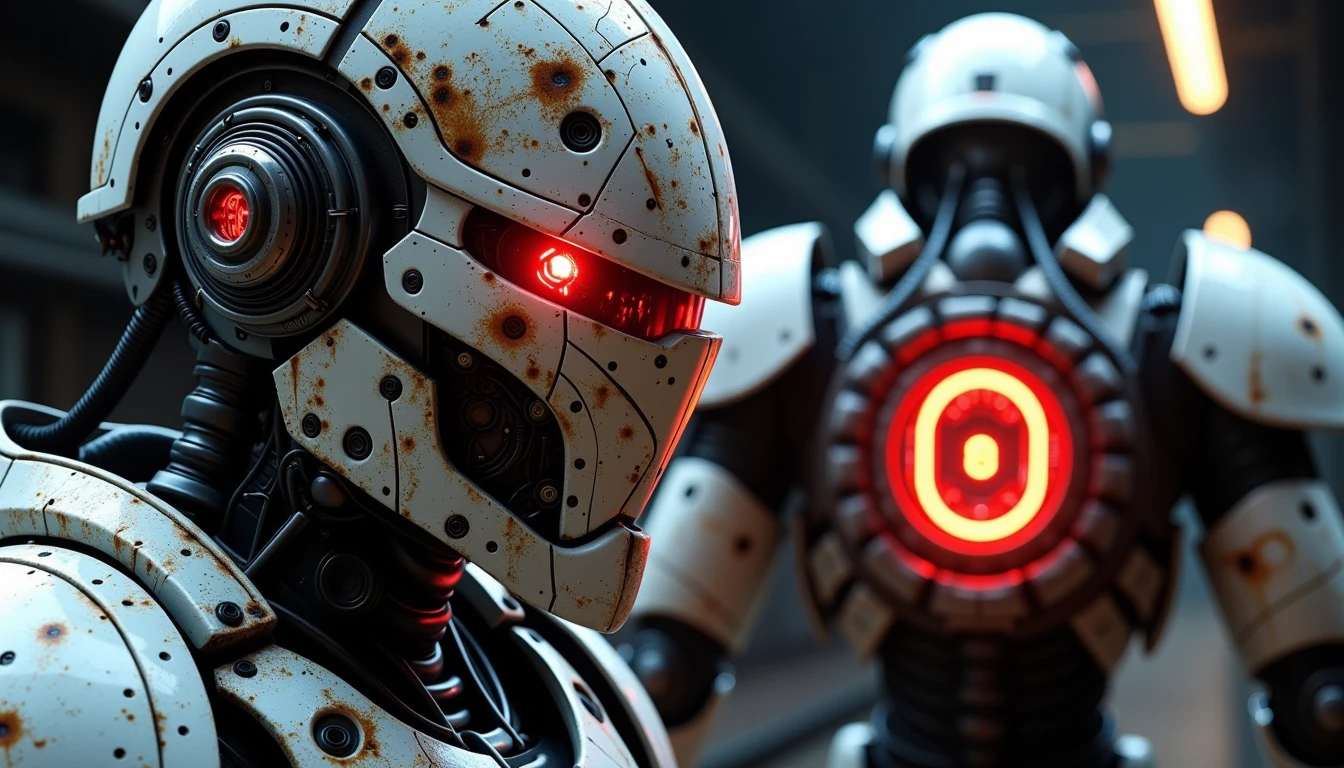 scifi robot,From a close-up, the scratched and worn paint reveals the extensive battles it has survived, while the glowing red visor casts a harsh light. Seen from behind, the power core embedded in its back pulses with a steady glow, framed by thick energy conduits, highly detailed, eerie, gritty, cinematic backlight, depth of field