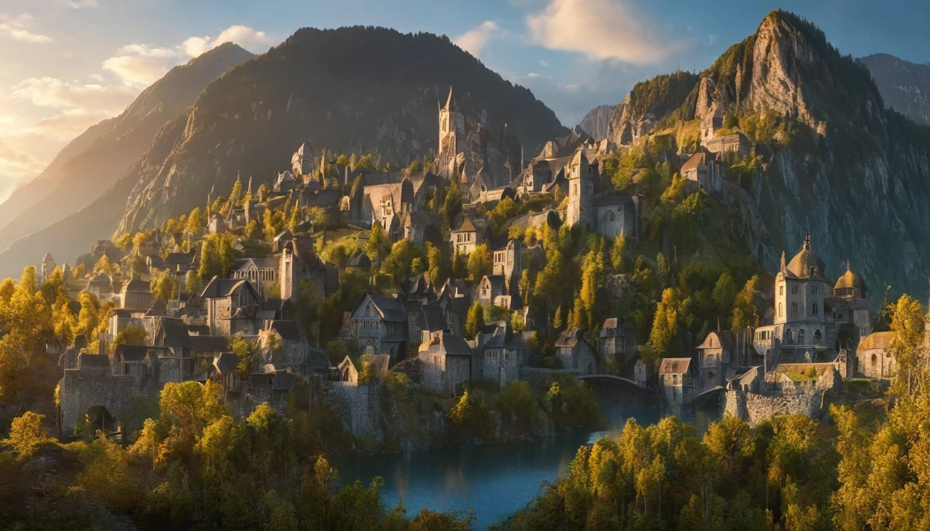 "This image captures a serene and picturesque scene of a small village perched on a mountain top. The village itself is quaint and charming, with houses made of stone and wood, their rustic appearance blending harmoniously with nature. Dominating the backdrop is a grand castle, constructed from gray stone, its turrets reaching towards the sky. The castle's strategic position offers panoramic views of the village below and the vast expanse of mountains beyond. The sky overhead is filled with fluffy white clouds, adding depth and dimension to the scene. In the foreground, a winding river meanders through the landscape, its calm waters mirroring the tranquility of this idyllic setting.", score_9, score_9_uplotr, hoblotr,