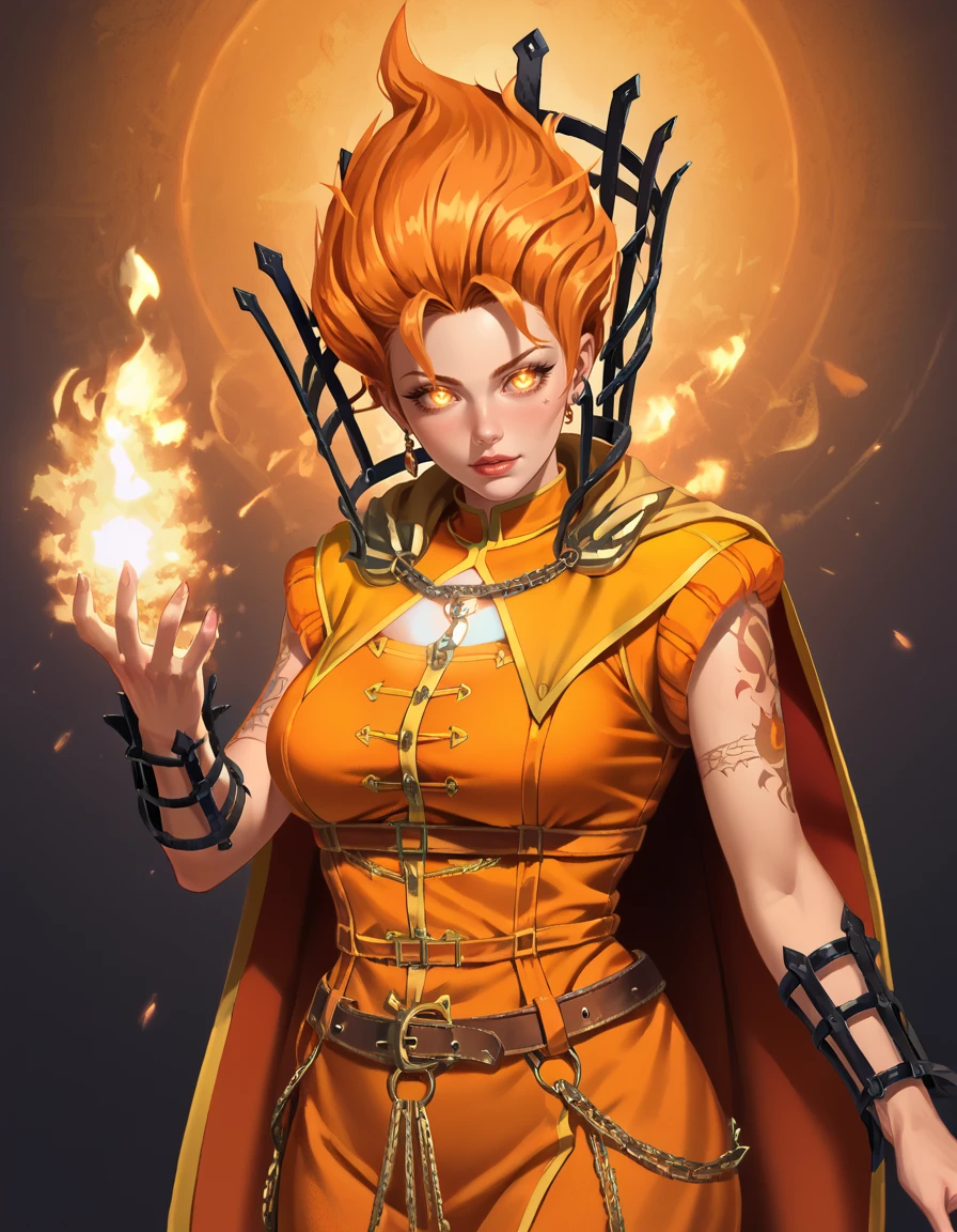 score_9, score_8_up, score_7_up, 2d,
BrightWizard, mature female, curvy, voluptuous, glowing eyes, tattoos, solo,
belt, cape, chains, orange hair,
fire, geometric background,
<lora:BrightWizard_PonyXL:1>