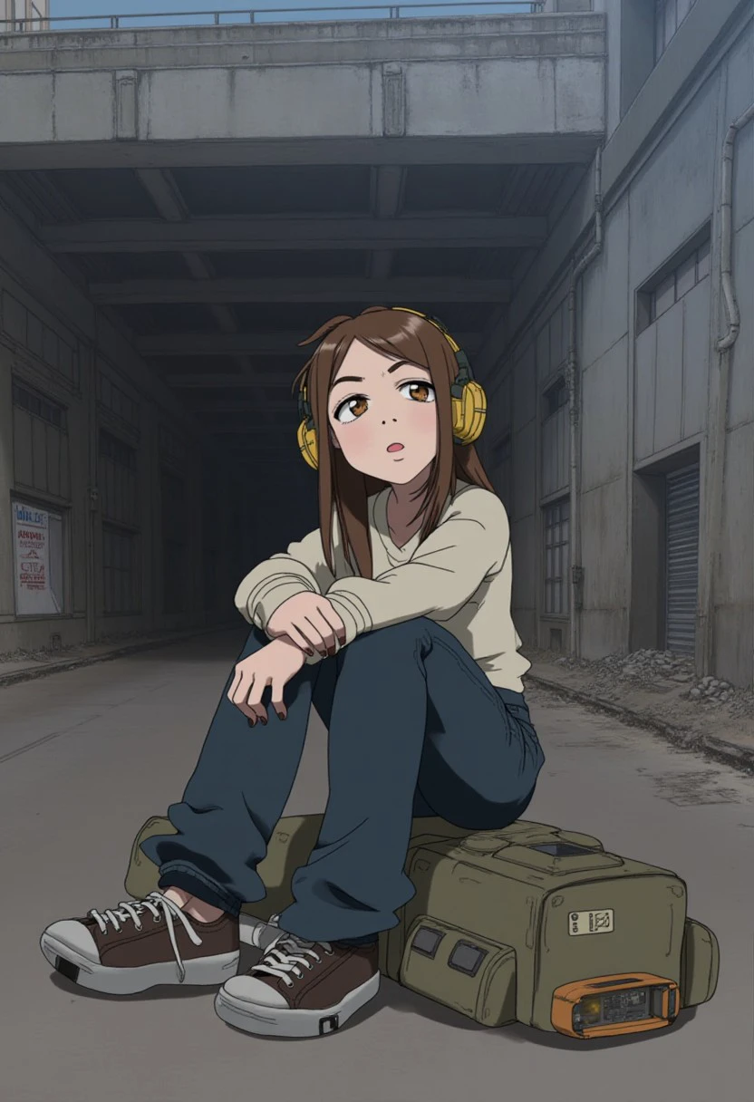 flcl_style, source anime, Post-apocalyptic, shabby Radio Operator's Gear: Headphones, sweater, jeans, sneakers, wristwatch., Wearing a Multi-tool, Sitting down with legs crossed , on a post-apocalyptic collapsed tunnel, blocked entrance, abandoned car, hanging traffic sign, flcl