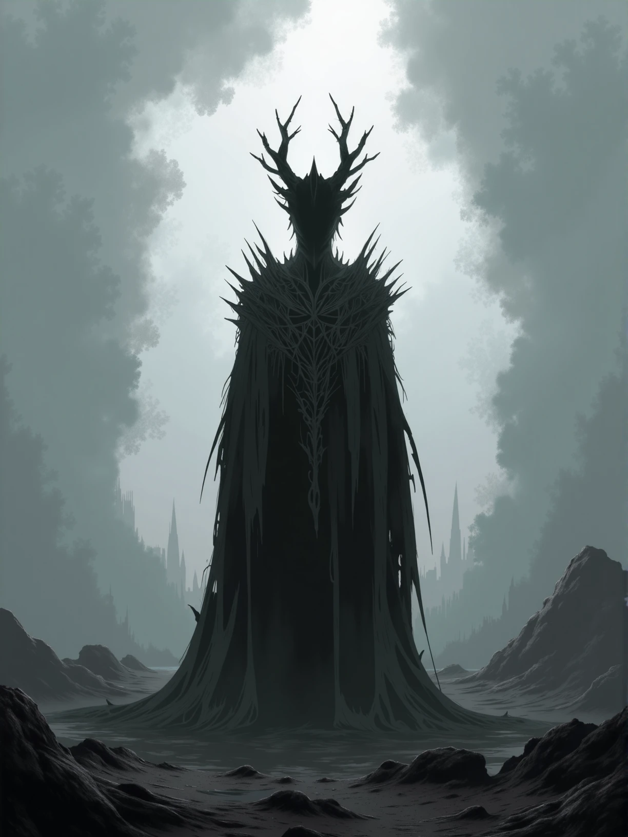 A foreboding, faceless dark figure stands shrouded in shadows, its form indistinguishable but exuding a palpable aura of despair. The figure's presence is marked by an eerie, otherworldly shape that contrasts sharply with the surrounding darkness. The environment is a desolate, fog-covered landscape where light is scarce, adding to the oppressive mood. The graphic embodies the essence of darkness without revealing any human traits, creating an unsettling and mysterious atmosphere. Dark fantasy, darkcore <lora:Darkcore Flux:0.8>