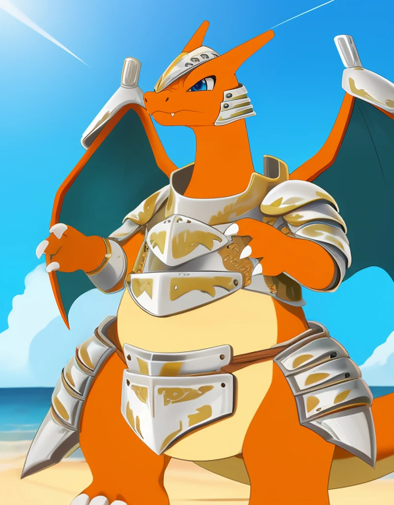 (((detailed eyes, detailed face))), (feral, charizard <lora:character_charizard_unite_findigo_v1:0.9>, pokemon, orange skin, (green wings), flame-tipped tail, claws, blue eyes, fangs out), male, (solo), (plump, fat, chubby, overweight), (knight armor, plate armor, helm:1.4), standing, (arms up), smile, (front view) BREAK (konzaburou, ukan_muri), beach, (flat shading, flat color, high brightness), 8k, UHD, masterpiece, (full body)