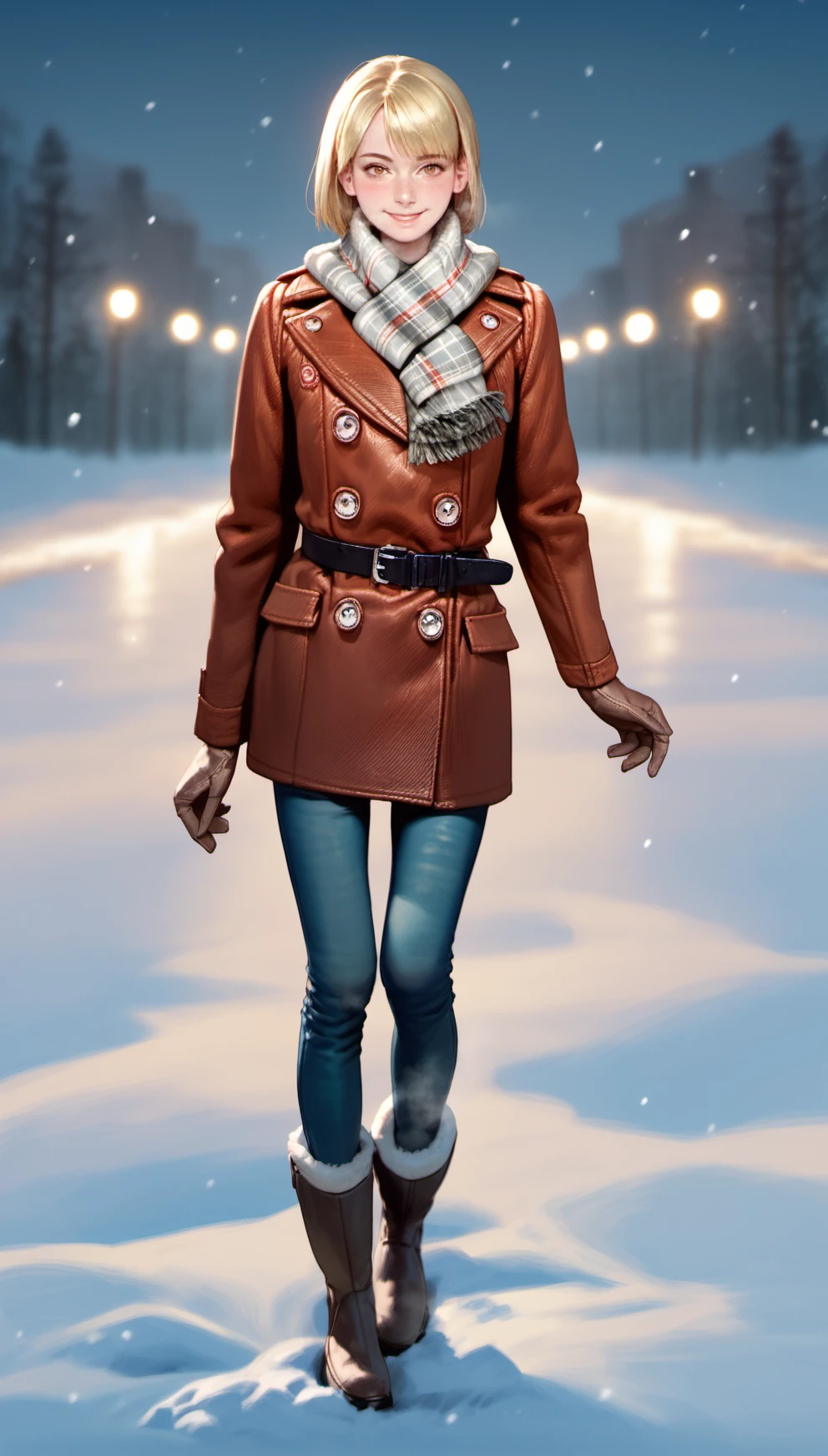 score_9,score_8_up,score_7_up,
<lora:ashleygraham:1>,
ashleygraham,
photorealism,
1girl,solo,
blonde hair,bob cut,bangs,
golden eyes,looking at viewer,
blush,steam,
smile,
brown coat,plaid scarf,black belt,brown gloves,
jeans,brown boots with fur trim,
full body,standing,
blurry background,outdoors,night,snowing,snow field,hills,lens flare,lights particle,