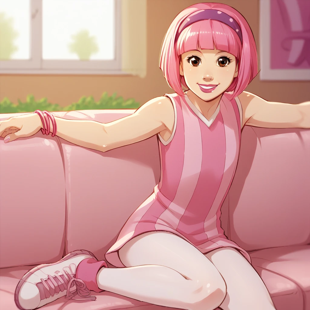 score_9_up, score_8_up, BREAK, Stephanie, 1girl, solo, pink hair, short hair, brown eyes, lipstick, headband, pink dress, sleeveless, pantyhose,  <lora:Stephanie_LazyTown_ClipArt_PXL_Leaf2:1>, indoors, depth of field, smile, on couch,