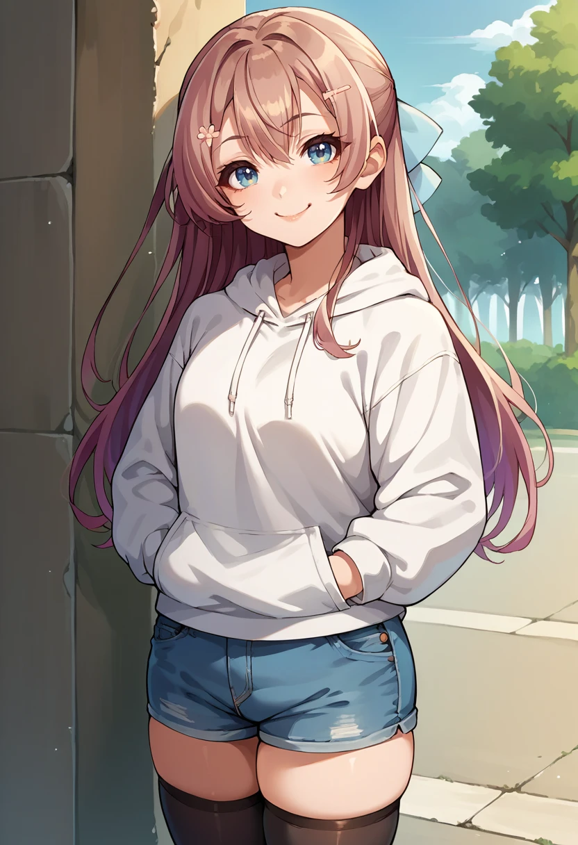 score_9, score_8_up, source_anime, 1girl, solo, OtomeSakuranamiki, long hair, hair bow, light blue bow, hairclip, white hoodie, denim shorts, black thighhighs, skindentation, hands in pockets, outdoors, smile, smug, <lora:ChamOtomeSakuranamikiPonyXL:1>