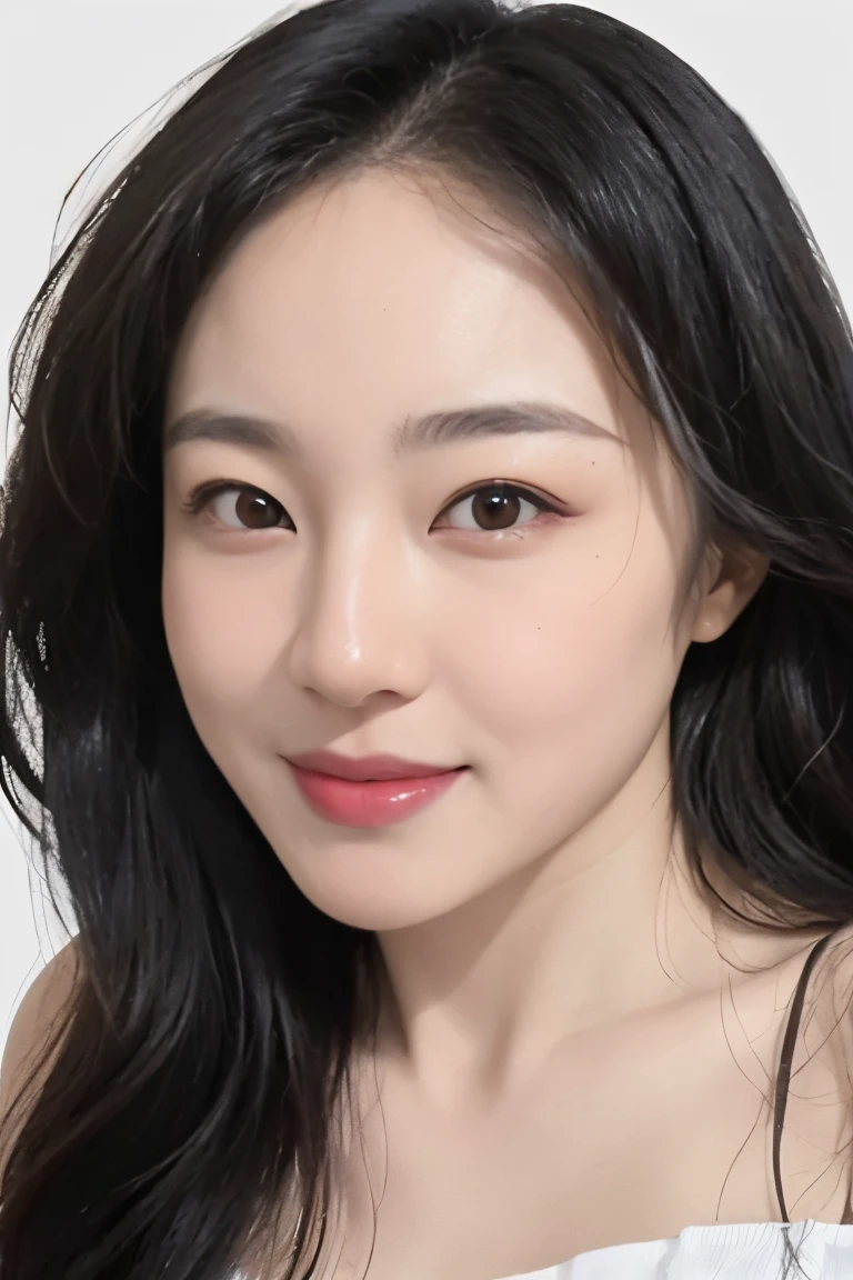 (masterpiece, top quality, best quality, (close-up photograph: 2), ((1girl)), korean, fair skin, (extremely detailed face), ((looking at viewer)), ((((ultra-detailed eyes and pupils)))),((((ultra-detailed lips)))) cheekbone, plump cheeks, ((bare pectorals)), ((bare chest)), ((tube dress)), bare head, ((bare shoulders)), symmetrical frame, (((strapless))), ((closed lips)), (((smile))), ((symmetrical pose)), (symmetrical face: 1.6), 35mm, ((((minimal plain white background)))), ((no lighting)),no watermark, ((medium hair)), <lora:xiaomin:0.7>