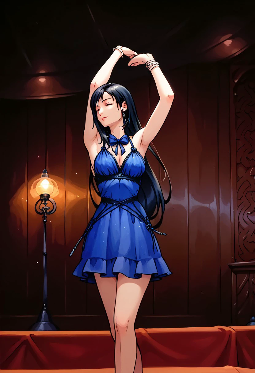 ,Bpb_hollow,traditional media,tifa, Score_9, score_8_up, score_7_up, score_6_up , tifa,blue dress, dancing, indoors, ballroom, cowboy shot