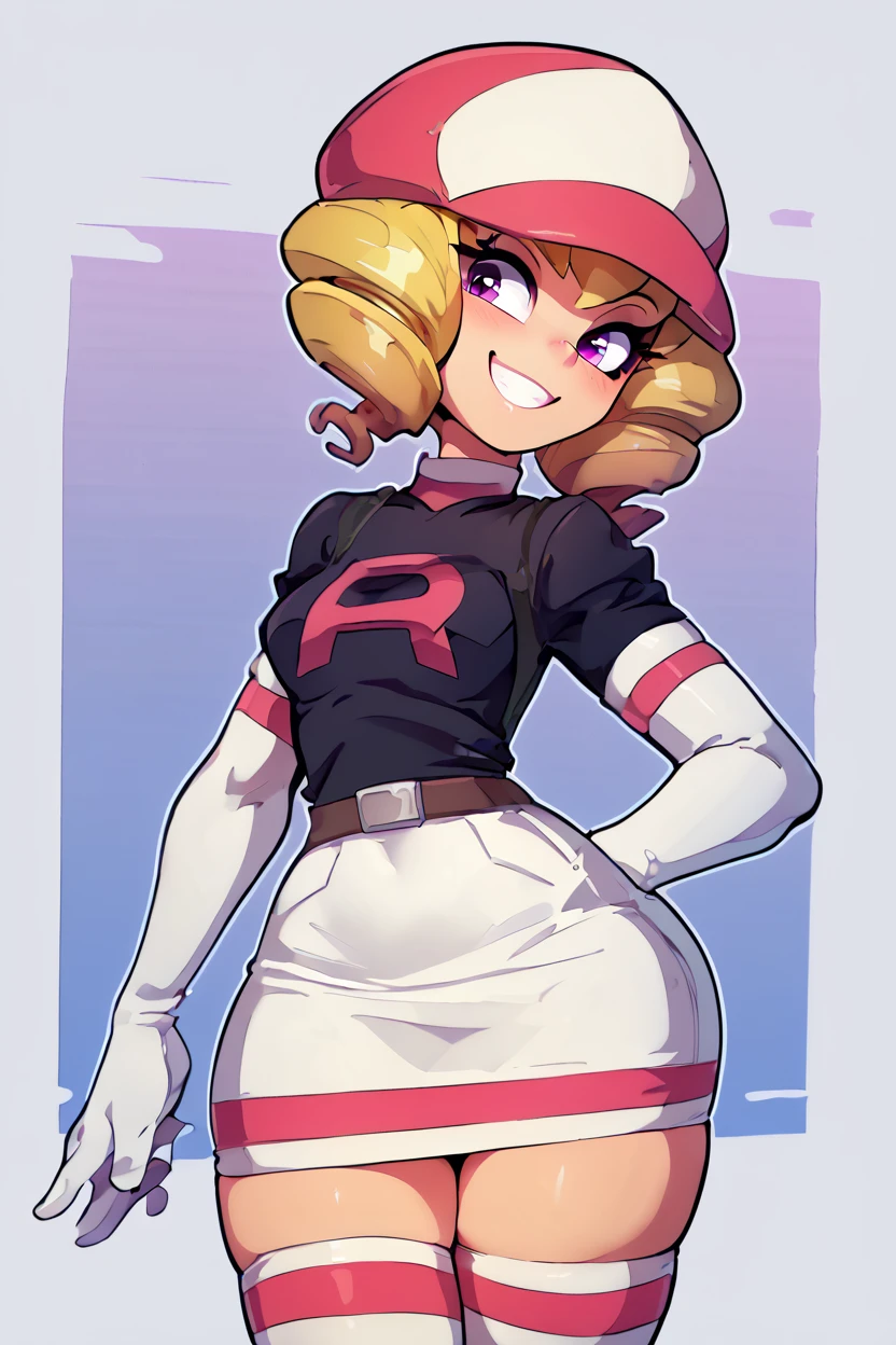 score_9, score_8_up, score_8, medium breasts, (curvy), cute, eyelashes,       BREAK, , zzDomino, purple eyes, blonde hair, drill hair, team rocket, white hat, black shirt, white skirt, white gloves, white thighhighs, <lora:Domino_Pokemon_PDXL:1.0>,  , BREAK, smile, looking at viewer,  abstract background, white outline, cowboy shot, embedding:zPDXL, Expressiveh, <lora:theOtherHalfPDXL:0.8>,  <lora:CatalystStylePDXL:0.6>,  <lora:SDXLFaeTastic2400:0.5>,  <lora:Expressive_H-000001:0.4>,