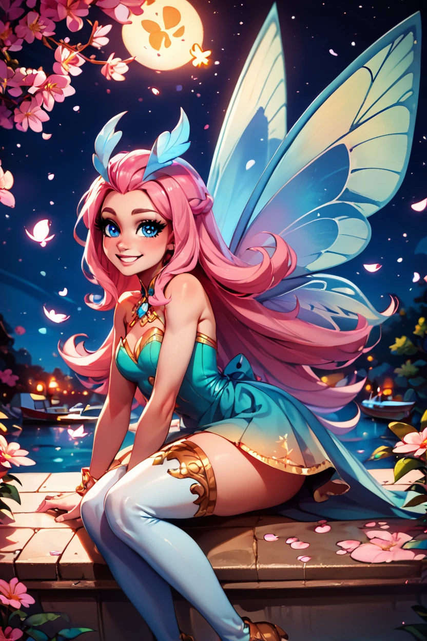 score_9, score_8_up, score_8, medium breasts, (curvy), cute, eyelashes,       BREAK, , zzTasi, blue eyes, pink hair, long hair, fairy wings, dress, thighhighs,   <lora:TasiAFK_PDXL_v2:0.7>,   , BREAK,  zzEiffelTower in background, sitting, watercraft, boat, sitting on wall, side view, looking at viewer, smile,  BREAK, blooming stars, luminescent petals, otherworldly fragrance blurry background, embedding:zPDXL, Expressiveh, <lora:EiffelTowerPDXL:0.8>,  <lora:CatalystStylePDXL:0.6>,  <lora:SDXLFaeTastic2400:0.5>,  <lora:Expressive_H-000001:0.4>,