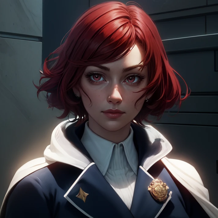 solo, portrait, <lora:himenoAkatsuki:0.8>, himeno_akatsuki, red hair, short hair, red eyes, high collar, military, uniform, military uniform, blue uniform, cape, white cape, parted cape, white collared shirt, masterpiece, best quality, absurdres, highres, 4k, ray tracing, perfect face, perfect eyes, intricate details, highly detailed