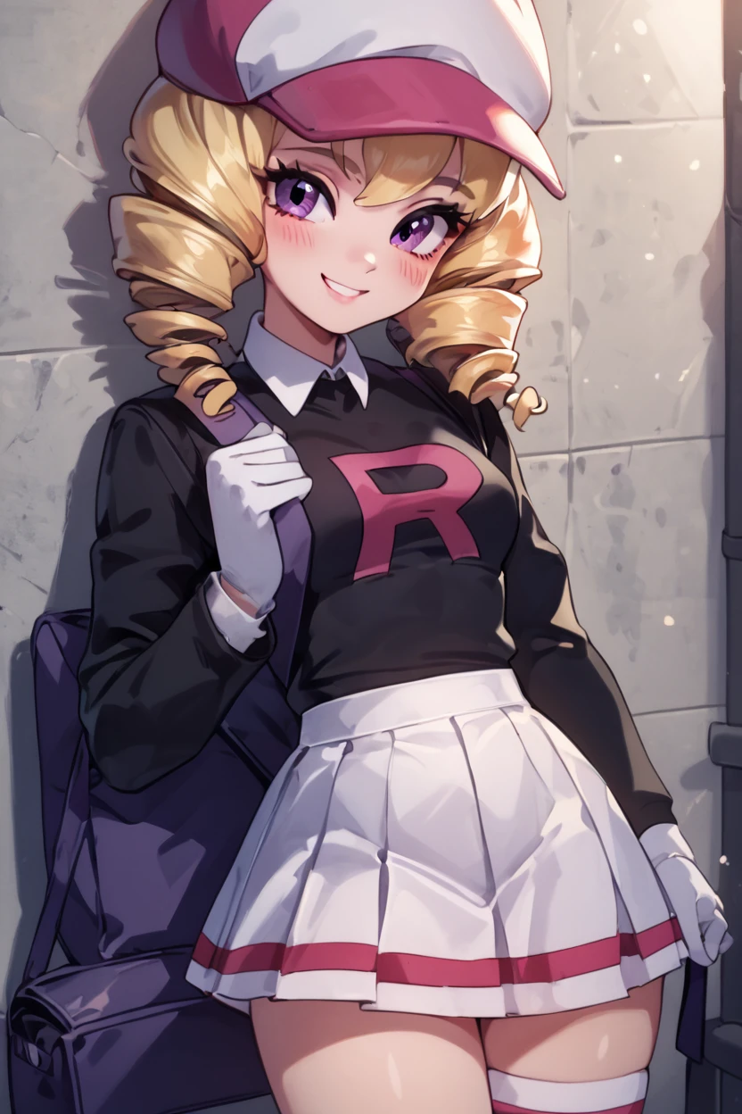 score_9, score_8_up, score_8, medium breasts, cute, eyelashes,       BREAK, , zzDomino, purple eyes, blonde hair, drill hair, team rocket, white hat, black shirt, white skirt, white gloves, white thighhighs,<lora:Domino_Pokemon_PDXL:0.8>,  , BREAK, closed mouth, alternate costume, smile, looking at viewer, collared shirt, blush, sweater, black skirt, eyelashes, long sleeves, sleeves past wrists, plaid skirt, shoulder bag, black bag, blurry, tile floor, pleated skirt, white shirt, cowboy shot,  embedding:zPDXL, Expressiveh,  <lora:Vivid:0.7>,  <lora:Uncensored_PonyXL_cpt_v02.09:0.4>,  <lora:Expressive_H-000001:0.4>,