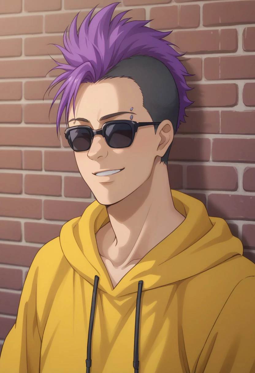 score_9, score_8_up, score_7_up, source_anime, highly detailed, 
wong, 1boy, male focus, undercut, sunglasses, solo, purple hair, multicolored hair, smile, piercing, two-tone hair, mohawk, upper body, black hair, hoodie, yellow hoodie, hood,
outdoor, sky, wall,