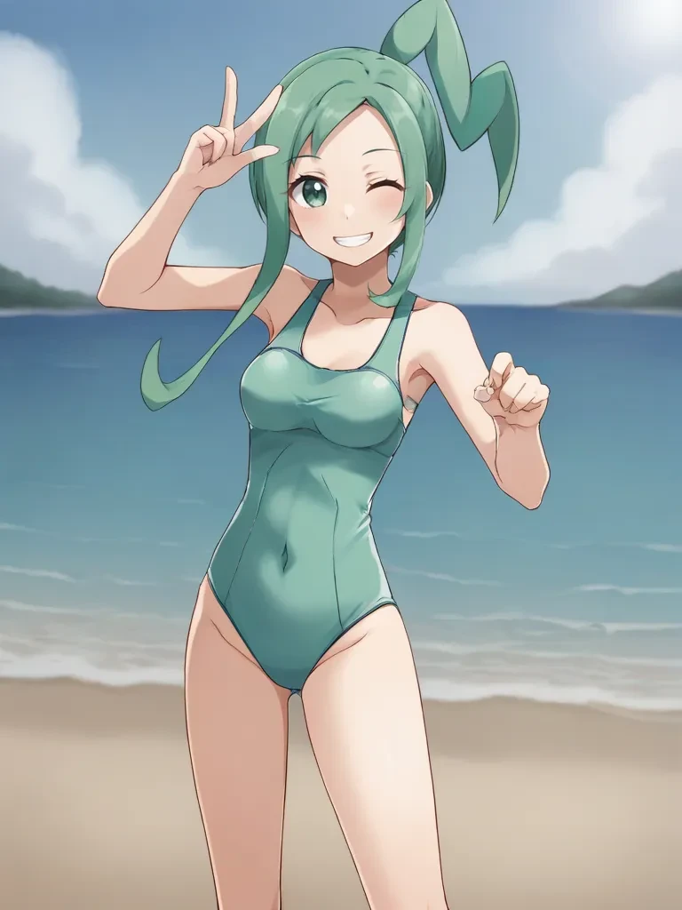 masterpiece, best quality, 1girl, solo, swimsuit, village, water, blue_sky, <lora:ali22-6:1>, standing, green hair