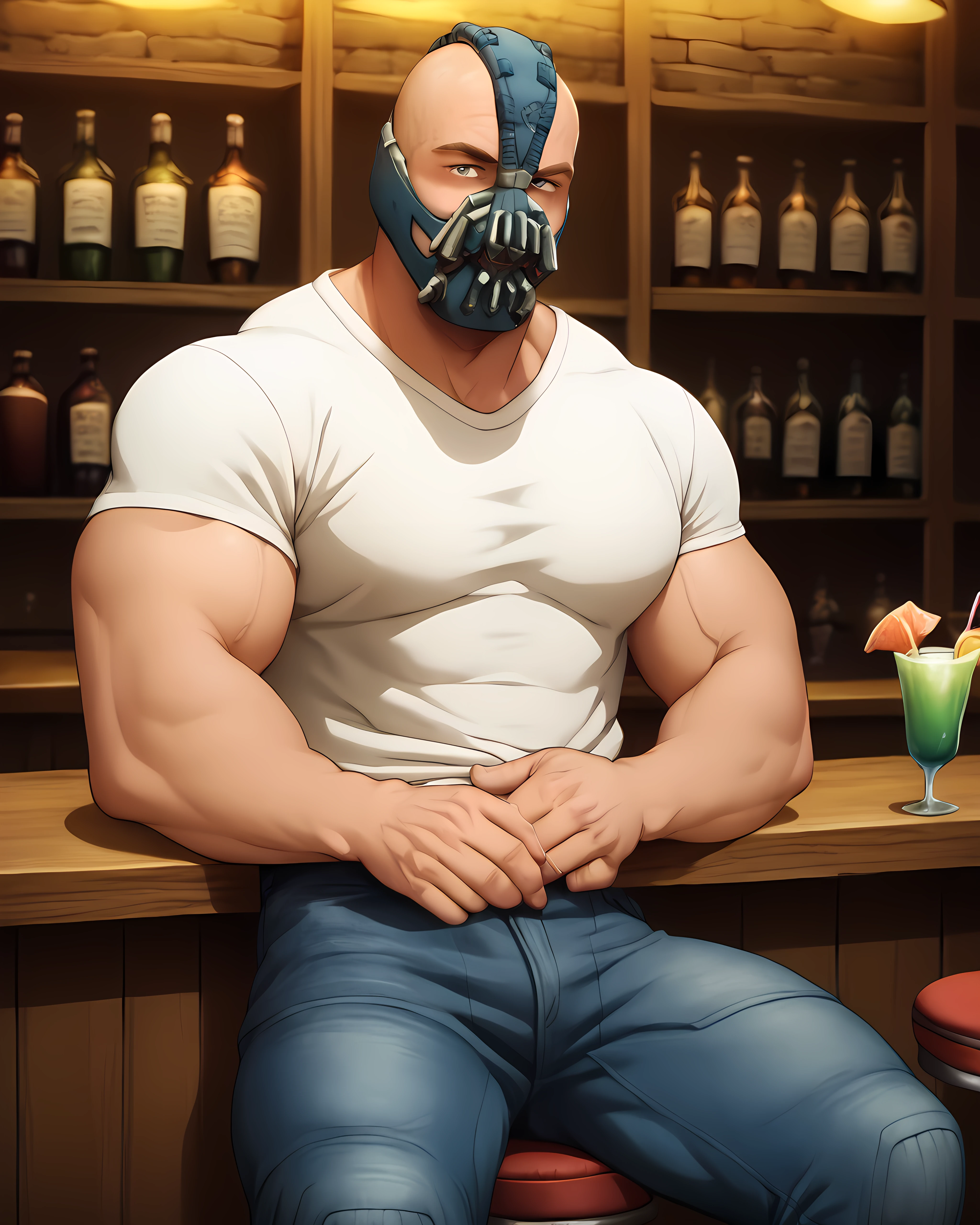 <lora:Bane_PonyXL-10:0.9> bane_dc, mask, muscular, bara, cowboy shot, looking at viewer, t-shirt, jeans, sitting on stool, bar, cocktail, score_9, score_8_up, score_7_up, score_6_up,