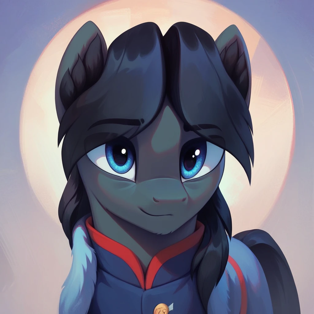 masterpiece, score_9_up, score_8_up, score_7_up, score_6_up, (best quality:1.1), ultra-detailed, high resolution, solo, Sinister Serov, pony, mlp, feral, thin eyebrows, blue eyes, stallion, male, pony ears, black ear fluff, black skin, black mane, curtain bangs, smile, looking at you, portrait, upper body, detailed facial features, portrait, expressiveh, simple background, highly visible, sharp focus, anatomically correct