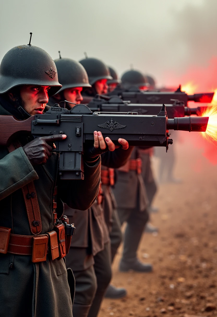 In a photorealistic image, envision a row of Imperial Guard soldiers firing their lasguns in coordinated volley fire. The red beams streak across the battlefield, each shot precise and deadly. The dirt beneath their boots is kicked up by the force of the battle, and the intense expressions on the soldiers' faces show their unyielding determination. Smoke rises from the lasgun barrels, and the scene is filled with the sharp contrast of light and shadow.