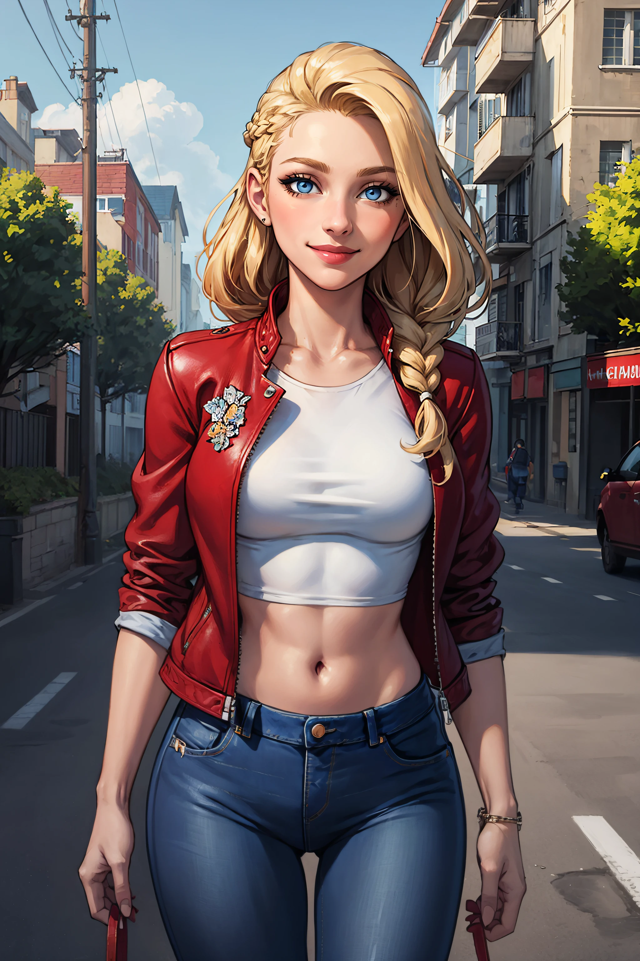 (masterpiece, highest quality, illustration),  upper body, solo, woman, smile, long blonde hair, french braid, blue eyes, navel, white top, red leather jacket, jeans, outdoors, facing the viewer, standing