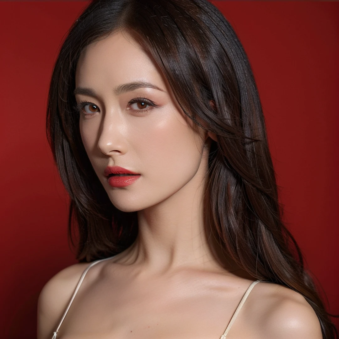 1girl,solo,blown hair,brown eyes,parted lips,red lips,makeup,red dress,(looking at viewer),simple background,red theme,close-up,((realistic)),Highly detailed,(ultra-detailed),(best quality,masterpiece:1.5),