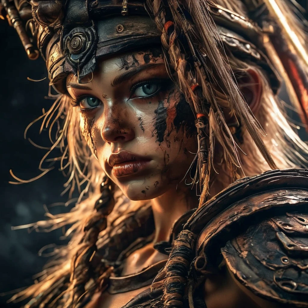 visiosomni professional studio portrait, close-up of a warrior girl, dark background, high details<lora:visiosomni:1>