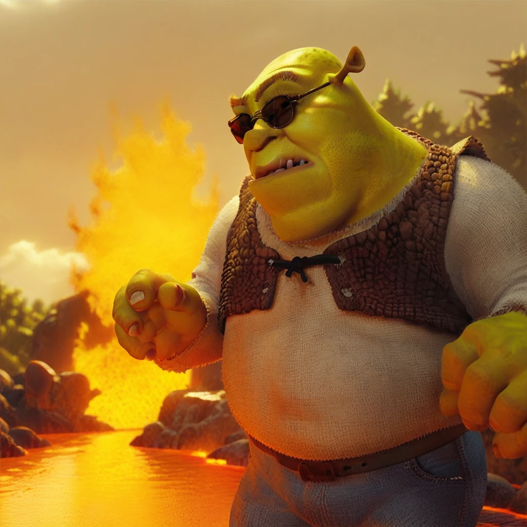 score_9,score_8_up,score_7_up, shrek, Shrek Shueco, jeans, sunglasses, in hell, volcanic lava, fire,