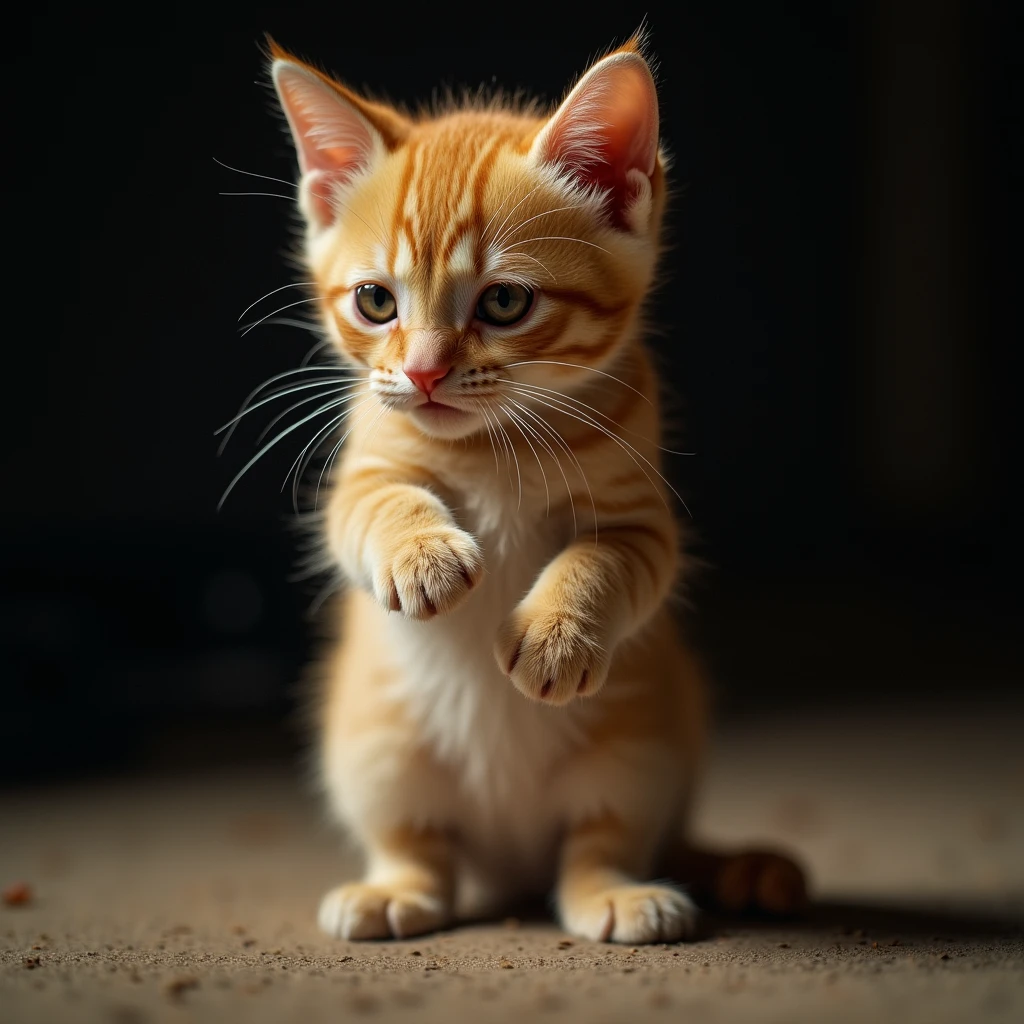 <lora:facial expression style v1:1>
Pleading facial expression of a small orange Pleading kitten standing on its hind legs, themed, sharp, detailed skin, epic cinematic photography, artistic, creative, wrinkly face, dramatic lighting style, cinematic color style, Kodak film style, skin pore, emotional style, gustier style, facial expression style, Pleading facial style, looking at viewer, simple background, no humans, animal, cat, realistic, animal focus, solo, full body, black eyes, traditional media, whiskers, photorealistic, closed mouth, standing, blurry, depth of field