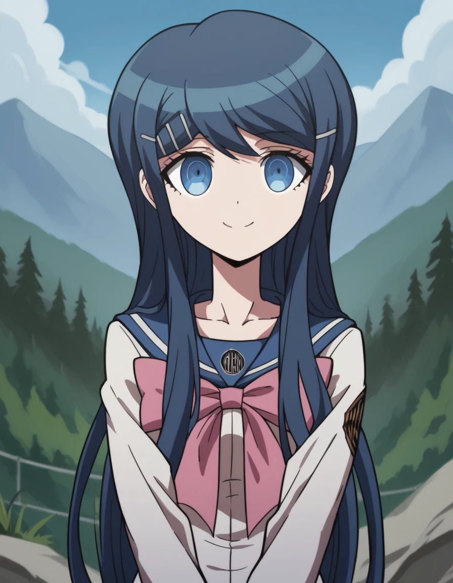 score_9, score_8_up, score_7_up, source_anime, <lora:sayaka-maizono-s1-ponyxl-lora-nochekaiser:1>, sayaka maizono, long hair, bangs, blue eyes, hair ornament, blue hair, hairclip,, long sleeves, bow, school uniform, collarbone, serafuku, bowtie, sailor collar, pink bow,, mountain trail, hiking, nature, backpack, adventure, fresh air, smile, , hand palm facing down, solo,, cowboy shot, dutch angle