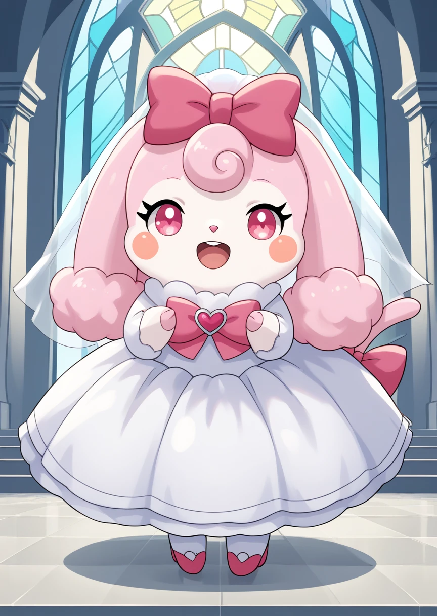 score_9, score_8_up, score_7_up, score_6_up, score_5_up, BREAK
source_anime, source_furry, Melory, solo, smile, open mouth, bow, standing, full body, open eyes, :d, hair bow, heart, no humans, church, blush stickers, happy, pink bow, wedding dress, wedding veil, blushing, 