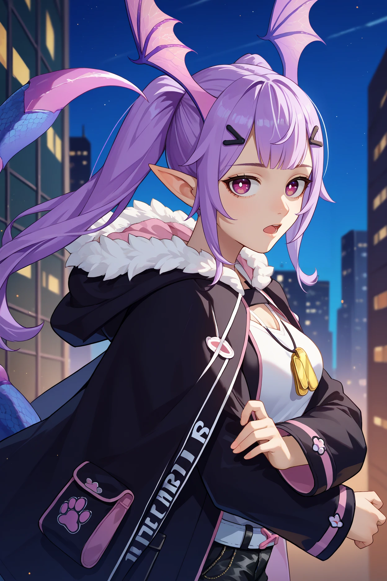 score_9, score_8_up, score_7_up, score_6_up, source_anime, 1girl, solo,  <lora:manticore-pdxl-nvwls-v1-000004:1> defMC, lavender hair, twintails, long hair, purple eyes, hair ribbon, pointy ears, head wings, hairclip, black jacket, long sleeves, fur trim, white camisole, dog tags, hooded jacket, white belt, black shorts, medium breasts, tail, open mouth, from side, upper body, looking at you, city, night sky