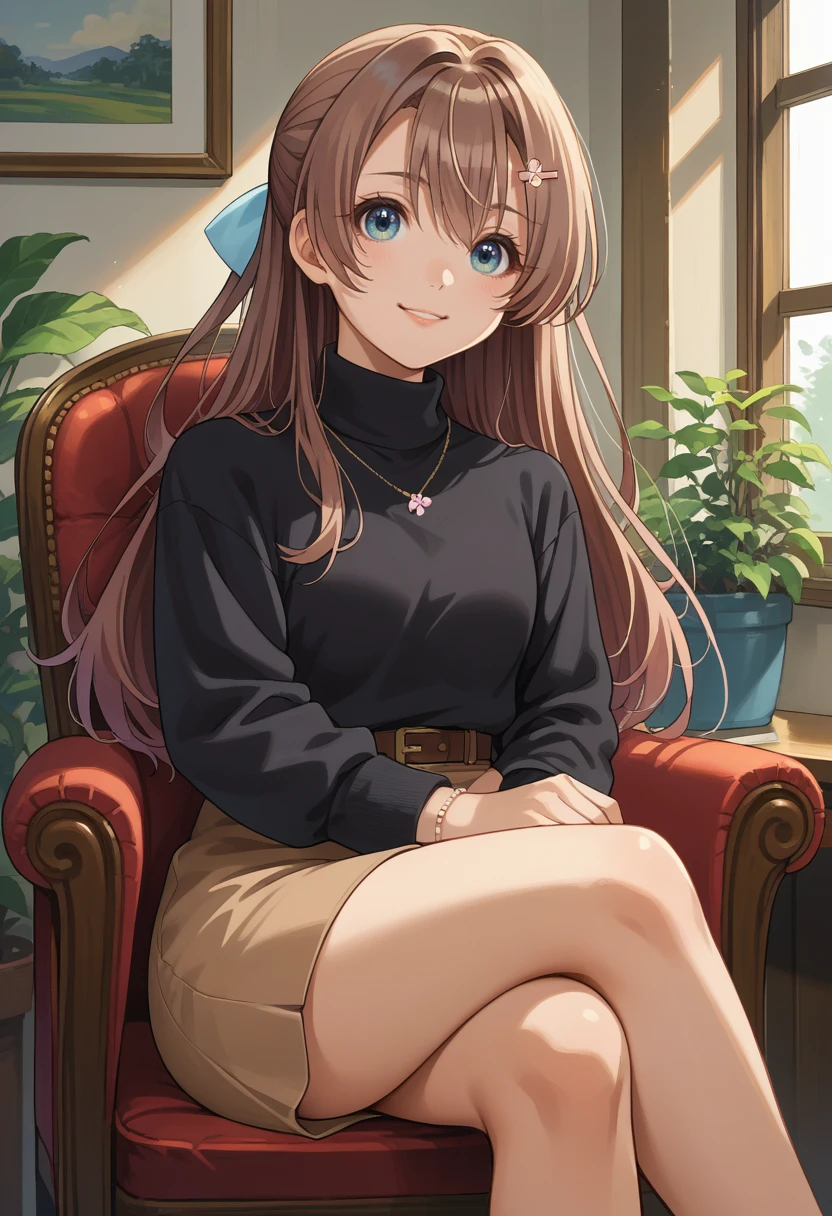 score_9, score_8_up, source_anime, 1girl, solo, OtomeSakuranamiki, long hair, hair bow, light blue bow, hairclip, black sweater, turtleneck, necklace, belt, brown skirt, indoors, sitting, crossed legs, on chair, smile, <lora:ChamOtomeSakuranamikiPonyXL:1>