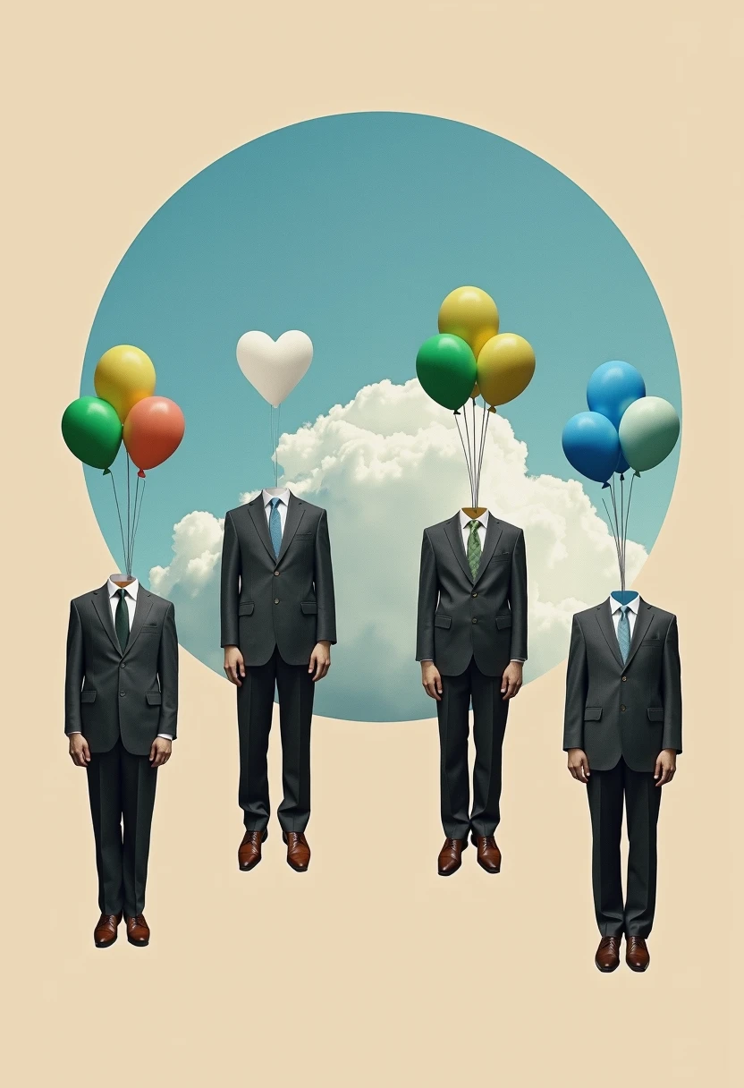 hyacinthcollage, 

a digitally created collage. The image features four human figures, each dressed in formal attire, including suits and ties, floating in mid-air against a backdrop of a large, circular cloud up and down in different size and distance.

The figures are headless, with their torsos and limbs intact, giving a surreal and abstract feel to the composition. Each figure holds a cluster of three balloons in varying shades of blue and green, with one figure holding a single balloon. 

The background consists of a muted, beige color with a large, circular sky photo occupying the center, providing a sense of depth and dimension. The cloud is rendered in a soft, pastel blue, contrasting with the neutral tones of the figures and the beige background. 

The overall style is whimsical and surreal, blending elements of surrealism and collage art. The textures are smooth and clean, with a focus on the contrast between the formal attire and the surreal, floating figures.

above the poster, it writes "hyacinth collage" in the center.