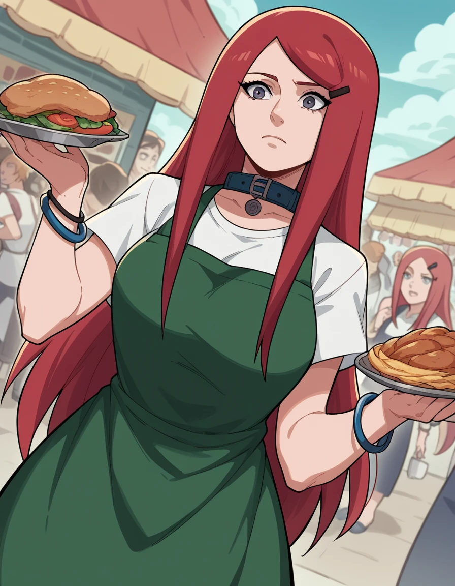 score_9, score_8_up, score_7_up, source_anime, <lora:kushina-uzumaki-shippuden-anime-ponyxl-lora-nochekaiser_r1:1>, kushina, long hair, hair ornament, red hair, hairclip, grey eyes, swept bangs, large breasts,, shirt, dress, jewelry, white shirt, short sleeves, apron, bracelet, green apron, collar,, street market, vendor, street food, bustling crowd, local flavor, vibrant, , , arm holding an object, solo,, cowboy shot, dutch angle