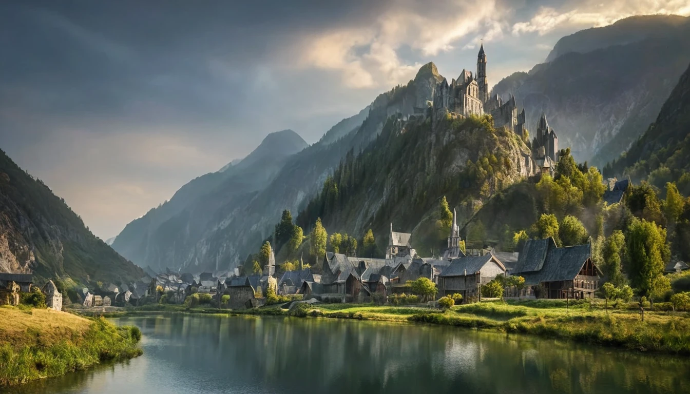 "This image captures a serene and picturesque scene of a small village perched on a mountain top. The village itself is quaint and charming, with houses made of stone and wood, their rustic appearance blending harmoniously with nature. Dominating the backdrop is a grand castle, constructed from gray stone, its turrets reaching towards the sky. The castle's strategic position offers panoramic views of the village below and the vast expanse of mountains beyond. The sky overhead is filled with fluffy white clouds, adding depth and dimension to the scene. In the foreground, a winding river meanders through the landscape, its calm waters mirroring the tranquility of this idyllic setting.", score_9, score_9_uplotr, hoblotr,