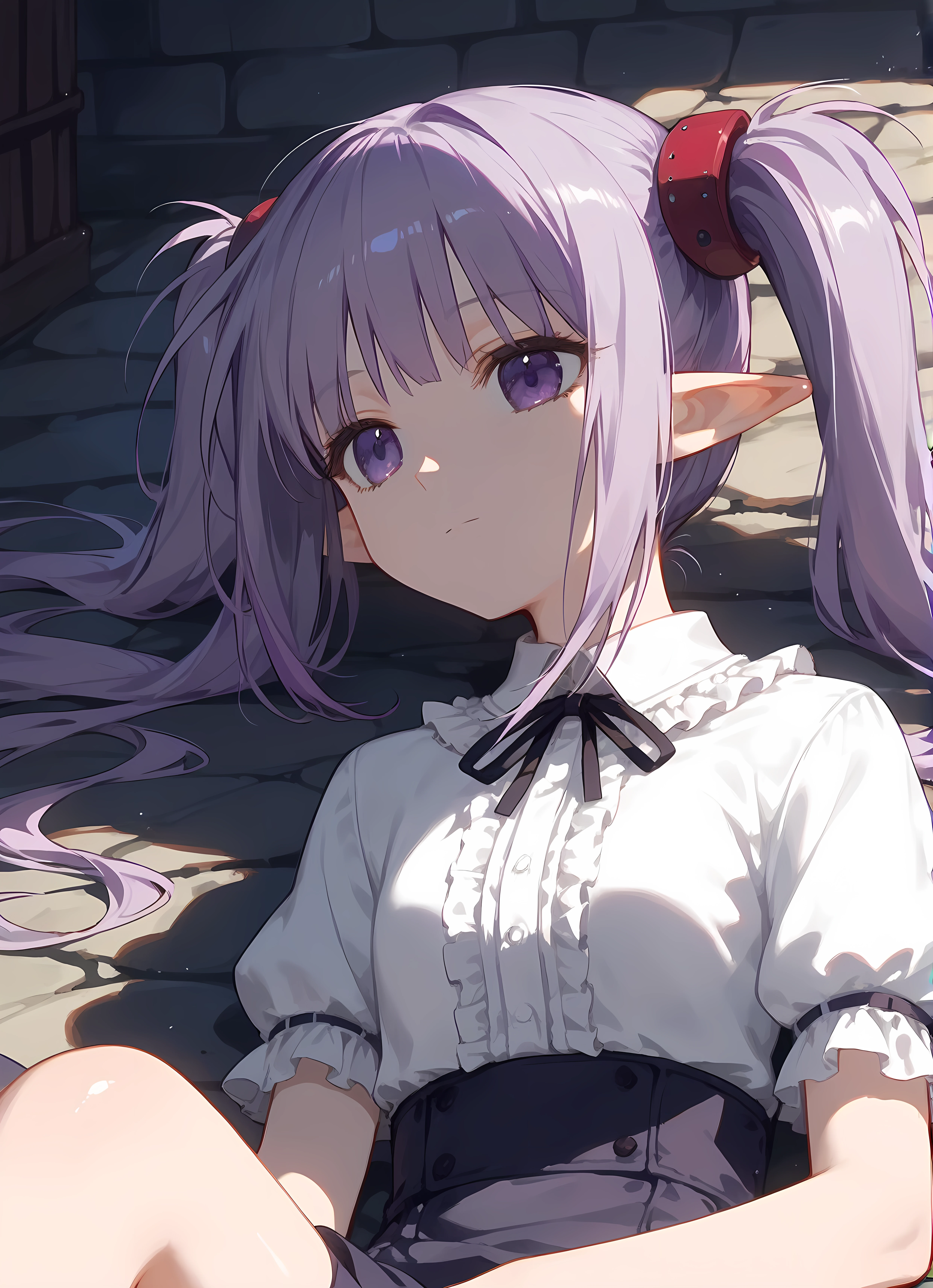 score_9,score_8_up,score_7_up,closed mouth, shiny skin, light smile,ohwx, 1girl, solo, sidelocks, twintails, long_hair, purple_eyes, purple_hair, grey_hair, empty_eyes, expressionless, pointy_ears,skirt, frills, shirt, center_frills, Lying on the side, pretending to read a fairy tale book, dungeon,<lora:primula_pony_sobsynapse-000004:0.8>