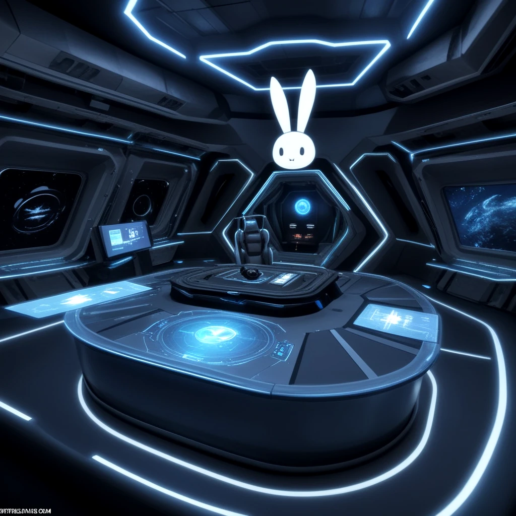 (realistic 3d cgi style:1.4), In the dimly lit depths of a futuristic space station, a lone figure sits at a sleek console, illuminated by the soft glow of holographic displays. With a gentle hum filling the air, they lean forward, fingers dancing across the controls with practiced precision. (bunny ears:1.25)