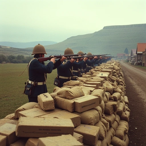 image a line of welsh guards soldiers aiming their rifles from behind a barricade of boxes and sandbags in the 1870s