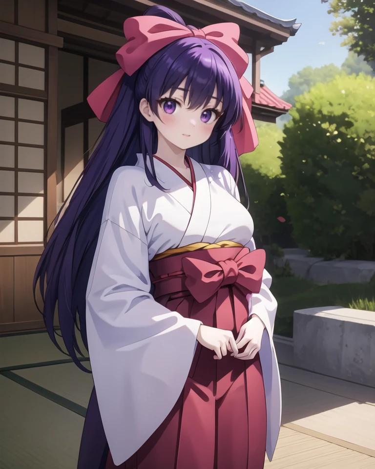 (masterpiece:1.2),best quality,highres,extremely detailed CG,perfect lighting,8k,anime,1girl,mikofuku,hair bow,purple hair,bow,long hair,large breasts,blush,outdoor,(((full_shot))),(standing:1.3),<lora:normal miko-002_0.7:0.9>,<lora:cgmiko100:0.5>,gohei,