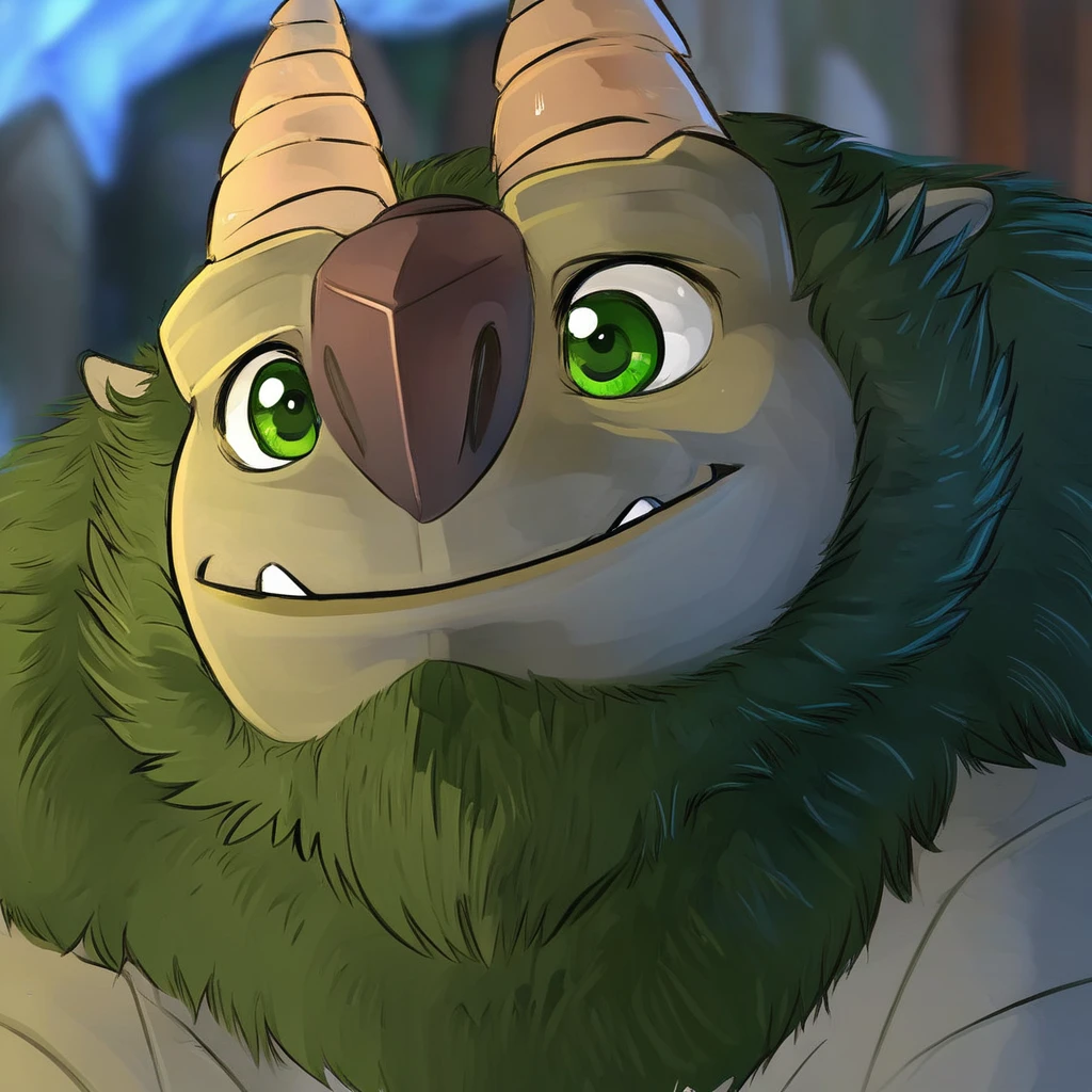 1boy, male, solo, monster, grey skin, brown nose, green eyes, fangs, green fur, beard, horns, smiling, close-up on face,