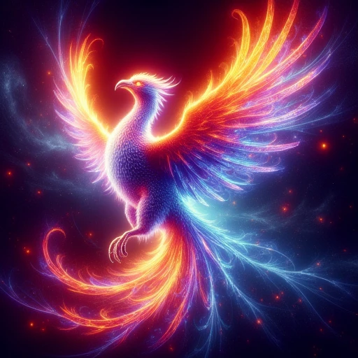 A majestic phoenix reborn from digital ashes in a blaze of holographic flames