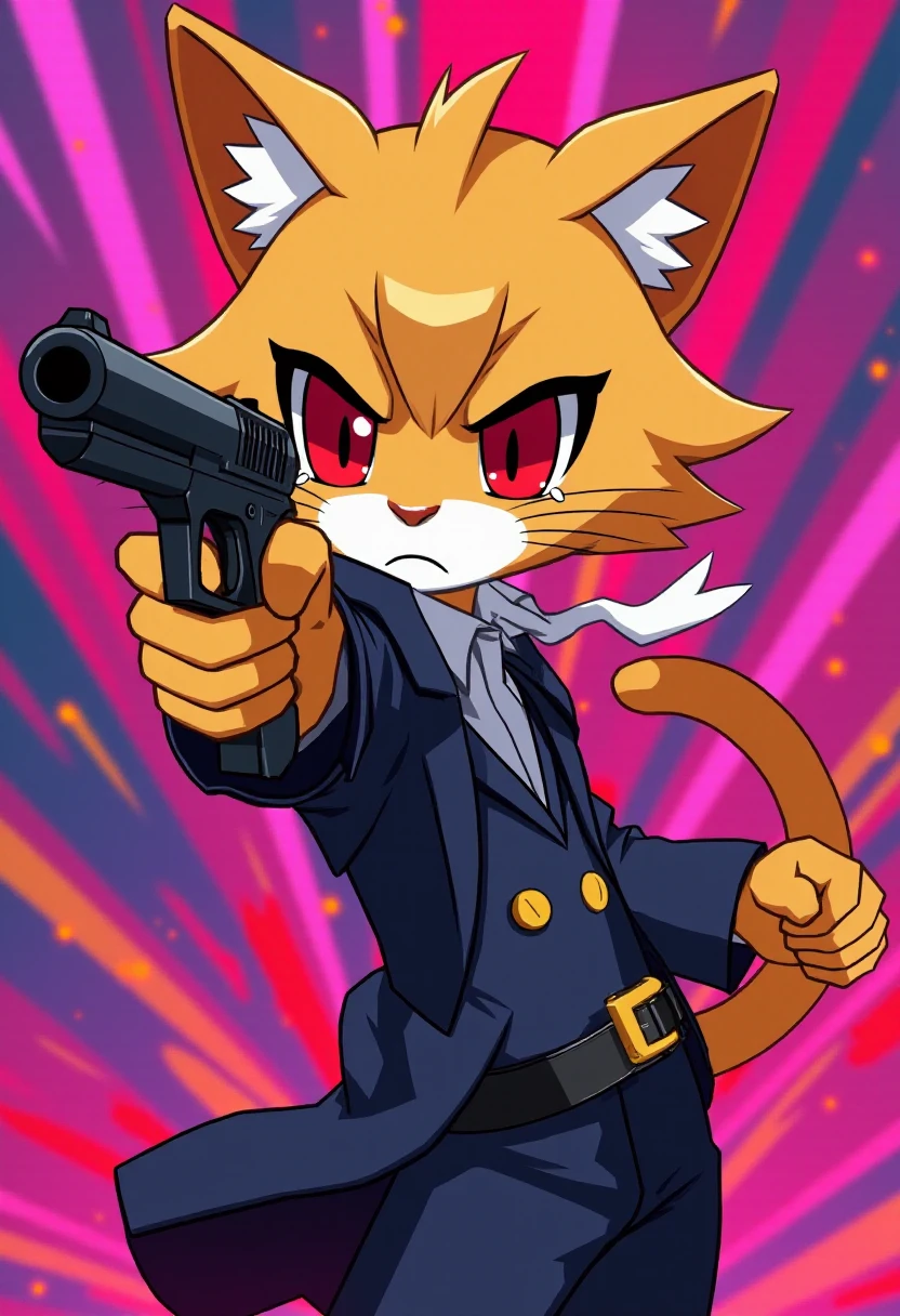 disgaea7style, a cat aiming a pistol at the viewer. colorful background. <lora:Disgaea_7_Style_F1D-000013:0.6>