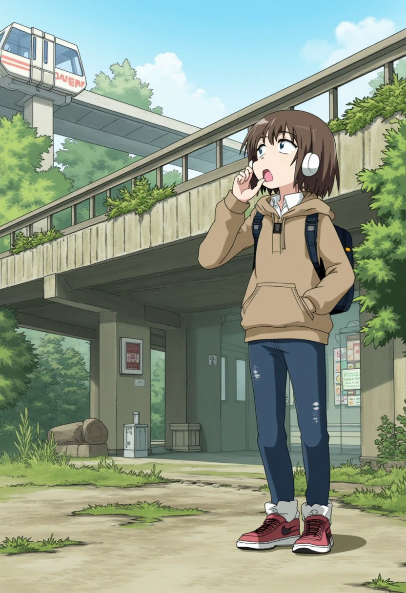 flcl_style, source anime,  flcl Style, Post-apocalyptic, shabby Radio Operator's Gear: Headphones, sweater, jeans, sneakers, wristwatch., With a Solar Charger, looking off into the distance , in a post-apocalyptic zoo, empty overgrown enclosures, faded visitor's center signs, broken monorail.