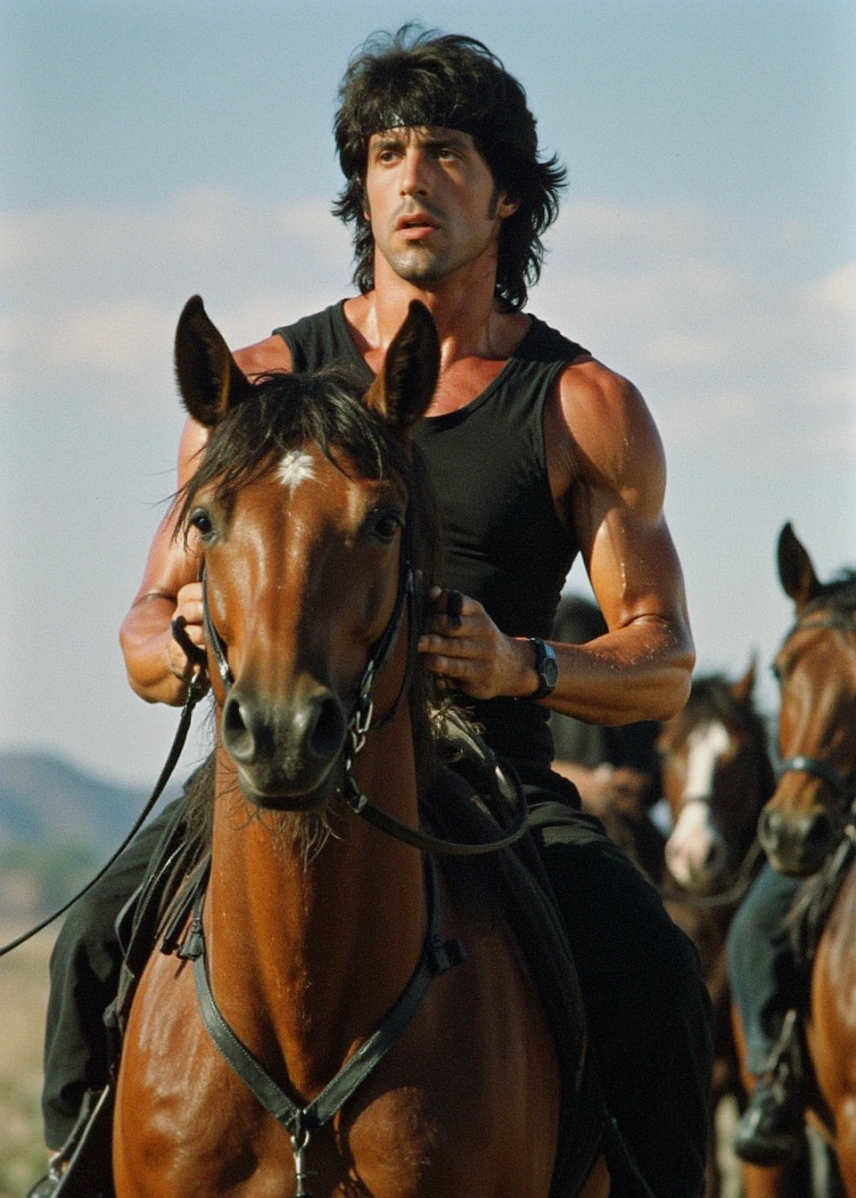 Rambo, a man in a black vest riding a horse, he is roaring