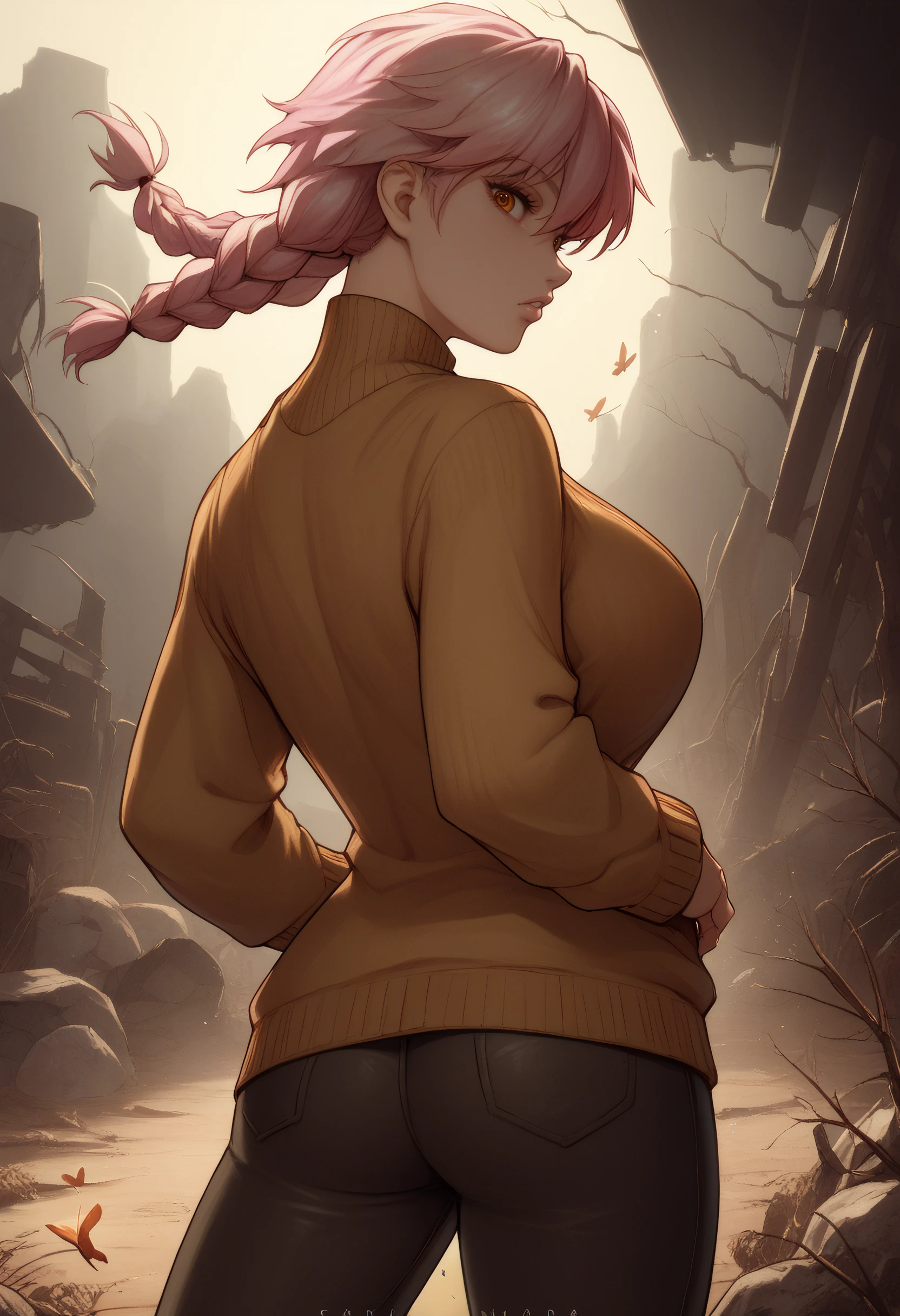 score_9, score_8_up, score_7_up, source_anime BREAK 1girl, looking back, close-up,
amber eyes, pink hair, Braids, Cardigan, Leather pants, __chara_expression__, Toned body, Classic headshot pose, large breasts,
wasteland, butterfly lighting, motion blur,