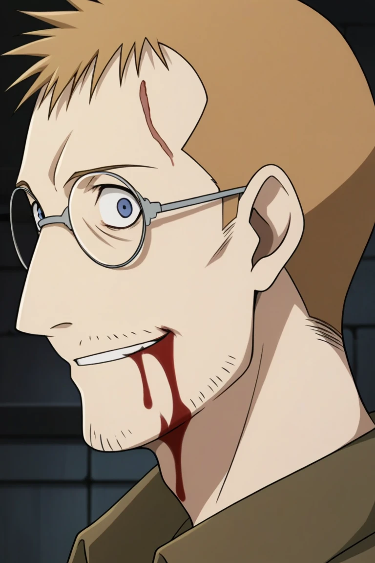 score_9, score_8_up, score_7_up, score_6_up, perfect anatomy, perfect proportions, best quality, masterpiece, high_resolution, high quality, aesthetic, absurdres, (male focus), solo male, adult, mature, masculine, manly, handsome, charming, alluring, portrait, headshot, source_anime \(Fullmetal Alchemist\), anime coloring \(Fullmetal Alchemist\), Shou Tucker, FMAShou, brown hair, short hair, round glasses, grey blue eyes, facial hair, stubble, Shou_outfit, brown-green open-collared shirt, open shirt, black undershirt, kind, friendly, amiable, perfect shadow, crazy, evil smirk, bruise, bloody, blood splatter, bleeding, blood on face, blood on clothes, blood from mouth, from side above, look at viewer, indoors, basement, dark background, perfect light, creepy, wide eyed, emotionless