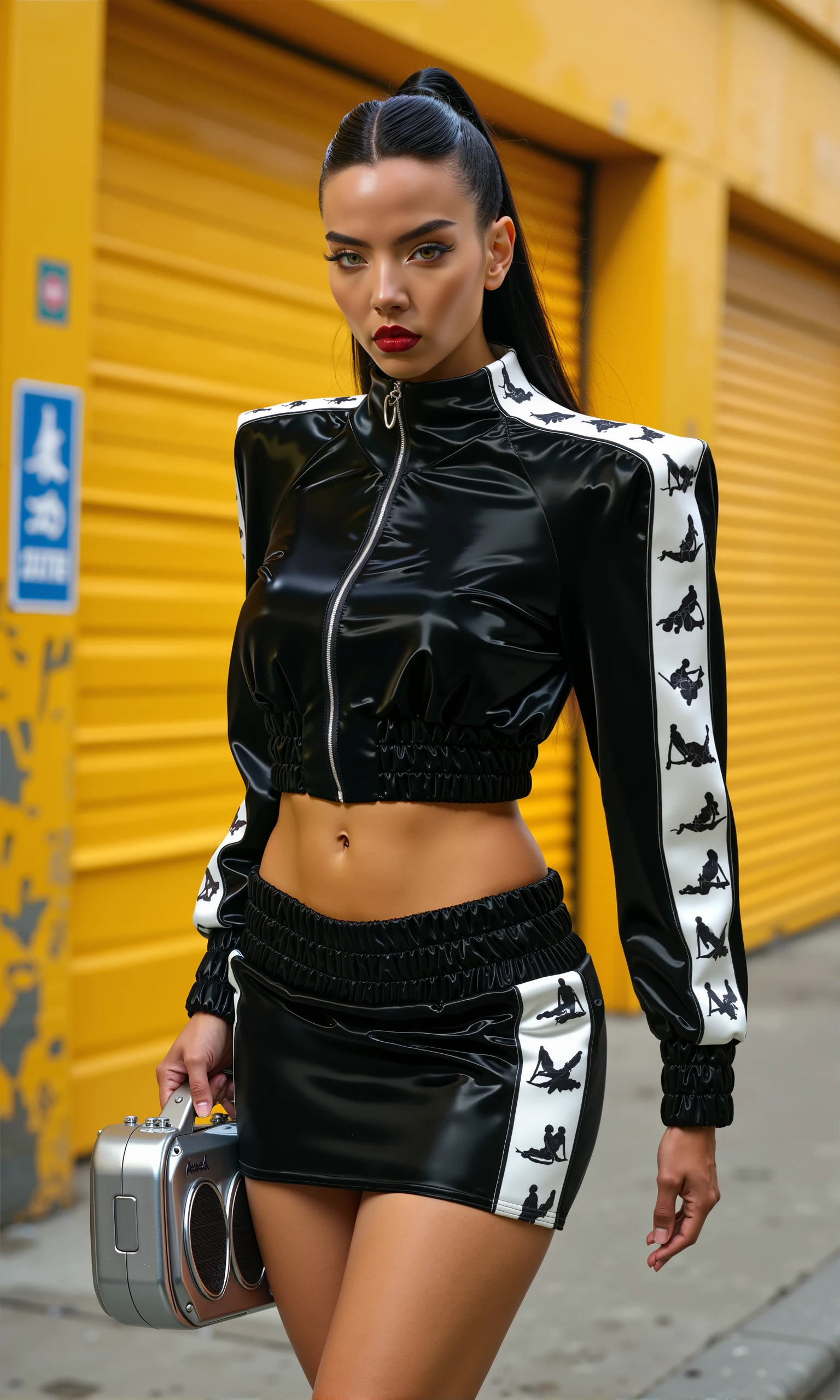 A fierce and confident model struts down a vibrant city street, framed by a bold yellow garage door and industrial urban surroundings. She’s wearing a sleek, futuristic Postergirl ensemble: a glossy black satin cropped jacket with a high collar, adorned with white side panels featuring a repeating black kamasutra motifs. The jacket has ruched detailing on the sleeves and waistband, giving it a structured, edgy look. She pairs it with a matching black satin mini skirt, with ruched accents and the same white panels with kamasutra motifs on the sides.

Her bold stance, walking with purpose while holding a silver retro boombox on her shoulder, reflects her strong, confident attitude. The contrast between her glossy black outfit and the bright yellow and orange tones of the urban background creates a striking visual. The street style vibe is enhanced by the neon accents around her, blending retro 80s energy with modern fashion. She radiates confidence as the ultimate Postergirl, merging futuristic style with vintage street flair.