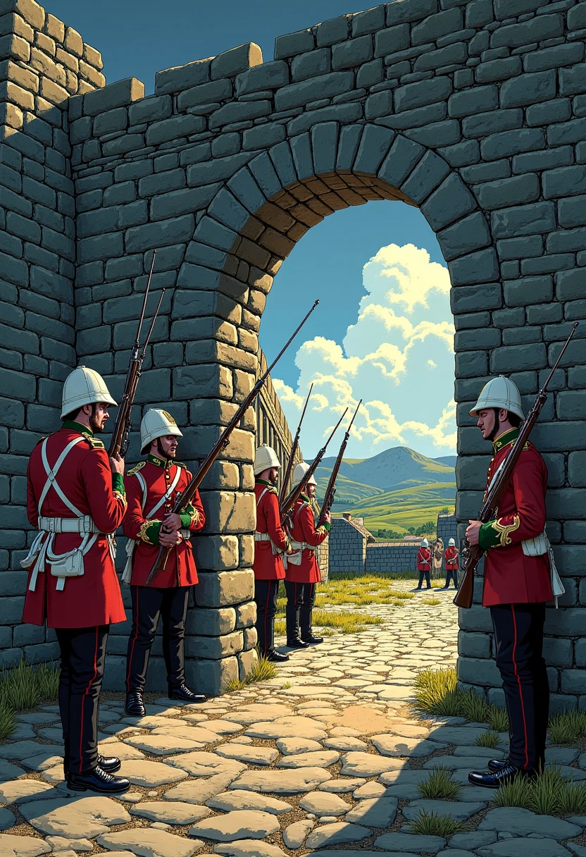 In a graphic novel style, picture Welsh Guard soldiers in red coats standing sentry at a stone fort. The soldiers are positioned at the gate, their bayoneted rifles gleaming in the light. The stone walls of the fort are drawn with detailed, textured lines, creating a sense of historical importance, while the soldiers’ posture is rigid and alert. A distant sky, shaded in deep blues and grays, hints at the tension of an upcoming conflict as they remain focused on their duty.