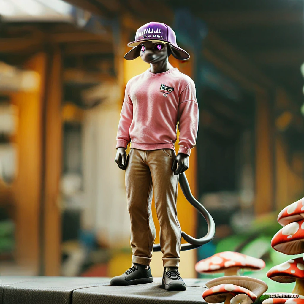 score_9, score_8_up, score_7_up, snapback, snapback-cap, full body, myconid, anthro mushroom, mushroom cap, black sclera, (1male), purple hat, black skin, pink eyes, pink sweater, brown pants, looking at the viewer, posing, blurred background, blurred fantasy background,