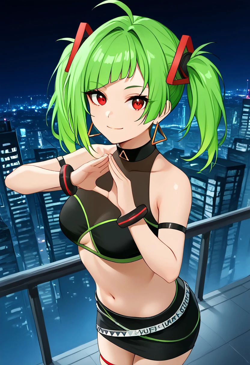 1girl, solo, highres, Delu1st, green hair, twintails, earrings, jewelry, red eyes, bangs, diagonal bangs, triangle earrings, ahoge,
bare shoulders, crop top, arm strap, navel, clothing cutout, midriff, underboob cutout, black skirt, thigh strap, bracelet, black shirt, collarbone, miniskirt, sleeveless, sleeveless shirt, see-through cleavage,
triangle_hands, steepled fingers, hands up, own hands together, index finger together, looking at viewer, smile, closed mouth, from side, dutch angle,
dark, night, night sky, cityscape, neon light, rooftop, backlighting,