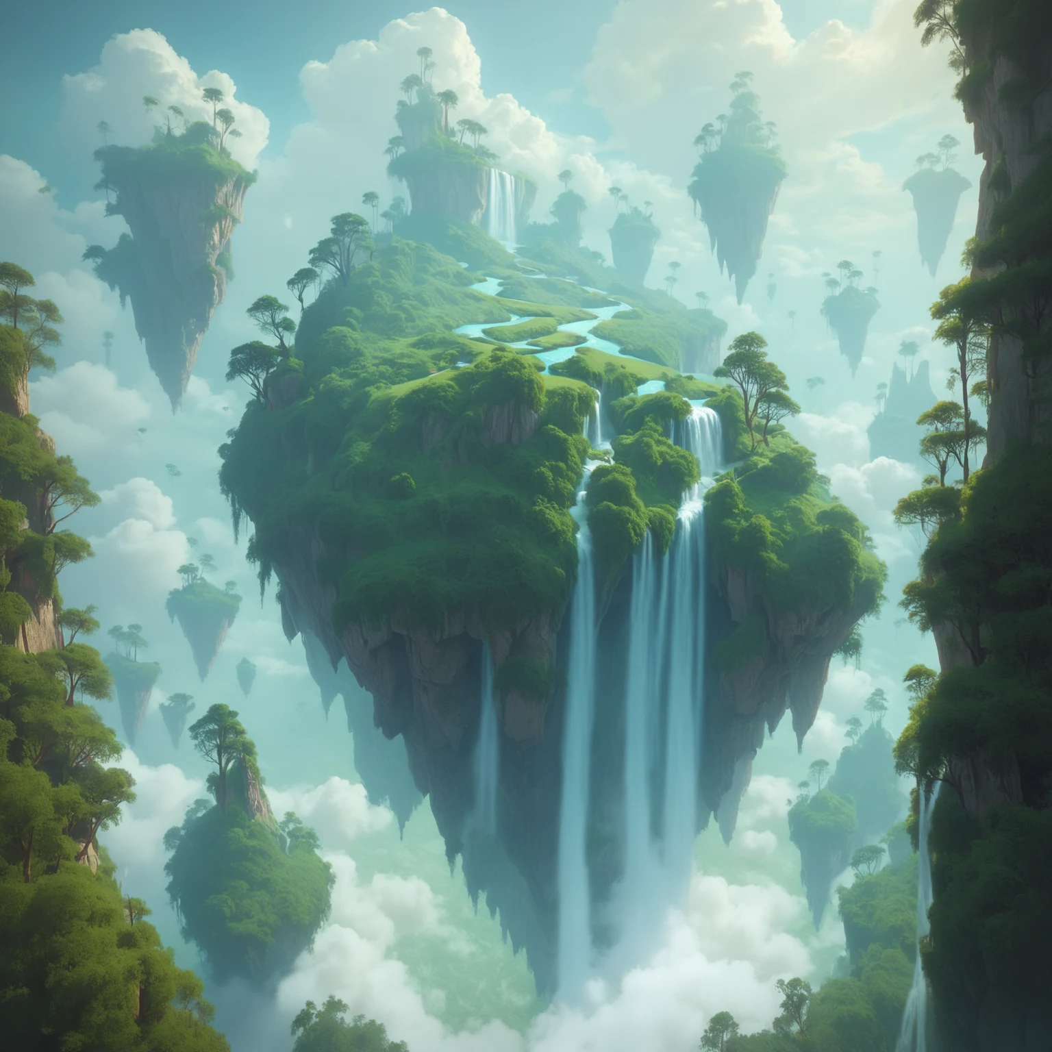 many floating islands, forest, waterfalls, clouds, <lora:elemental_plane_of_air_pony:1>, elementalplaneair, BREAK score_9, score_8_up, score_7_up, best quality, masterpiece, 4k, prefect lighting, very aesthetic, zPDXL