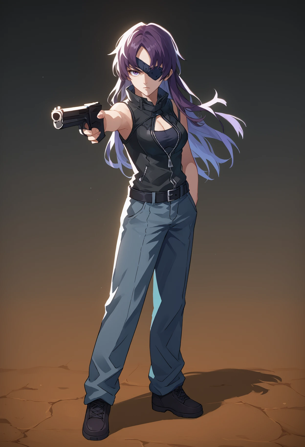 score_9, score_8_up, score_7_up, source_anime, <break> holding weapon, holding gun, handgun, hand in pocket, aiming, full body, solo, 1girl, minenemilitary, expressionless, long hair, eyepatch, sleeveless jacket, cleavage cutout, partially unzipped, high collar, pants, black belt, midriff
<segment:yolo-face_yolov8m.pt,0.4,0.5//cid=1>