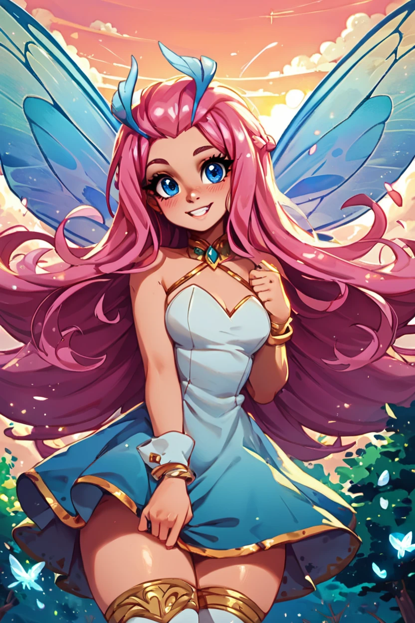 score_9, score_8_up, score_8, medium breasts, (curvy), cute, eyelashes,       BREAK, , zzTasi, blue eyes, pink hair, long hair, fairy wings, dress, thighhighs,   <lora:TasiAFK_PDXL_v2:0.7>,   , BREAK, smile, looking at viewer, cowboy shot, outdoors, sky, day, cloud, tree, blue sky, sunny,  Expressiveh, <lora:Alola_Style_PDXL:0.8>,  <lora:Expressive_H-000001:0.4>,